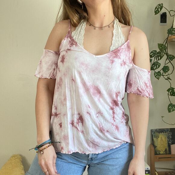 American Eagle Pink Tie Dye Cold Shoulder Top L - Picture 4 of 8
